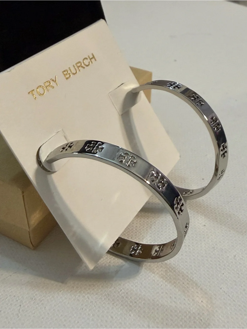 Tory Burch Silver Pierced T Cutout Double Logo Hoop Earrings NWT